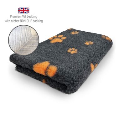 DRYBED Premium Vet Bed anthracite + orange paws 150 x 100 cm