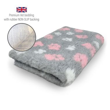 DRYBED Premium Vet Bed light grey + pink & white paws 100 x 75 cm
